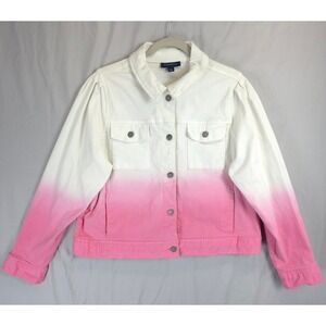 Charter Club Women XL White Pink Ombre Denim Jacket Puff Sleeve Soft Girl Chic